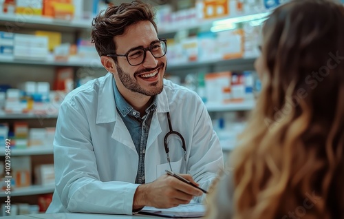 Smiling male pharmacist in white lab coat engaging with a customer in a pharmacy setting photo