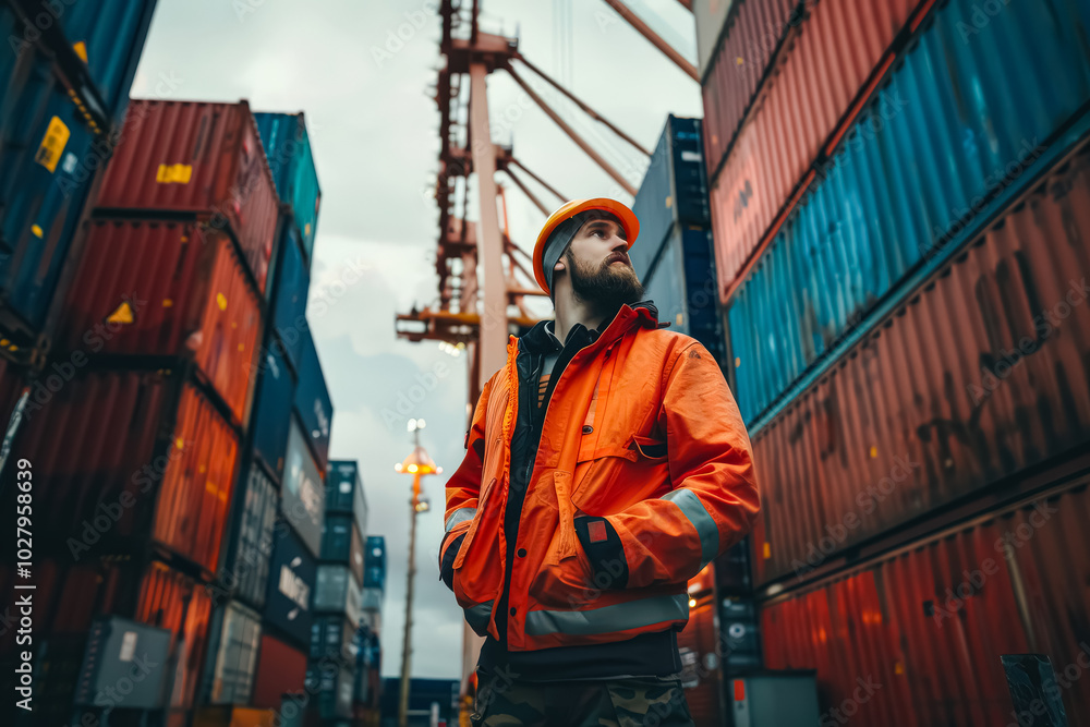 Man in an orange jacket stands in front of a large stack of red shipping containers. He is wearing a hard hat and he is looking up at something. Concept of hard work and dedication Man in an orange jacket stands in front of a large stack of red shipping containers. He is wearing a hard hat and he is looking up at something. Concept of hard work and dedication