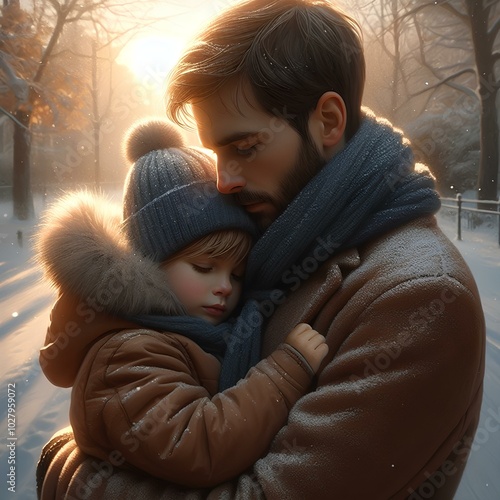 In the winter frosty sunny day, father holds his little son