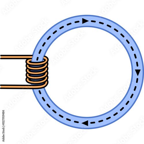 Magnetic flux lines due to a coil in the presence of a toroid of magnetic material. Vector color illustration.