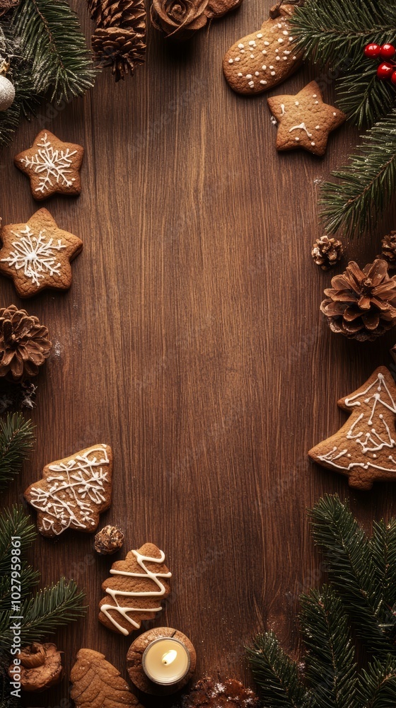 Christmas gingerbread cookies on a wooden table with pine branches and cinnamon sticks, perfect for holiday backgrounds. Christmas gingerbread cookies on a wooden table with pine branches and cinnamon sticks, perfect for holiday backgrounds.