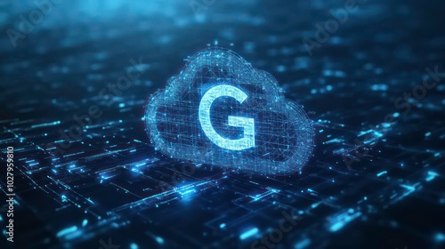 A glowing white letter 'G' in a cloud shape hovers above a digital circuit board, representing cloud computing and data storage. photo