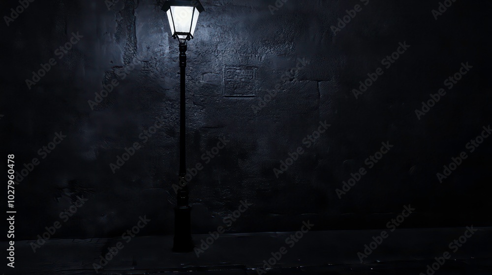 A single street lamp illuminates a dark alleyway with a rough stone wall. A single street lamp illuminates a dark alleyway with a rough stone wall.