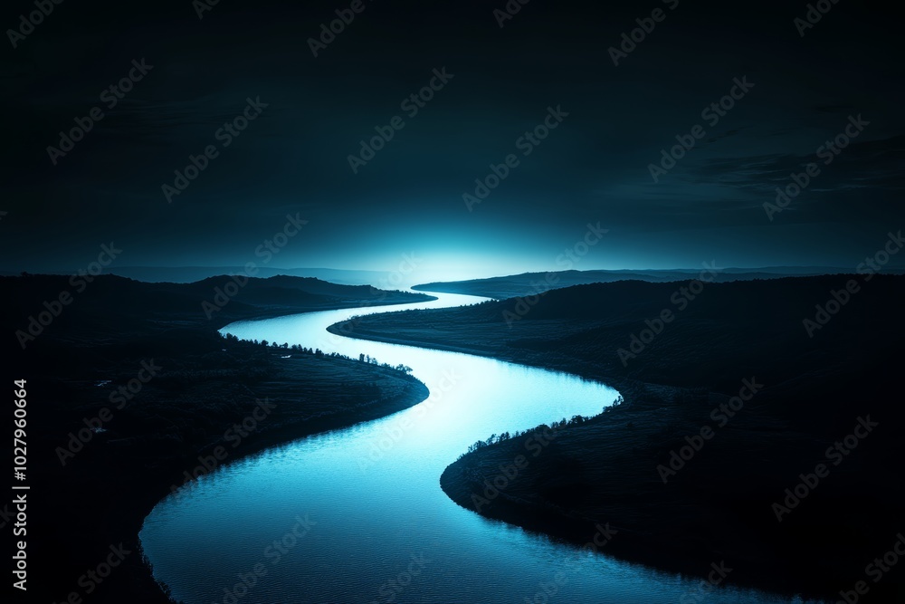 Fototapeta premium The river gently meanders through a serene valley, illuminated by moonlight, amidst a darkened sky and distant hills