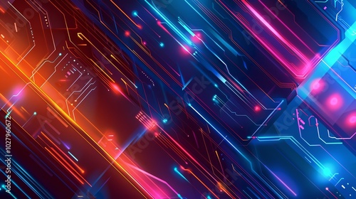 Abstract technology background with glowing lines forming a futuristic circuit board in red and blue colors
