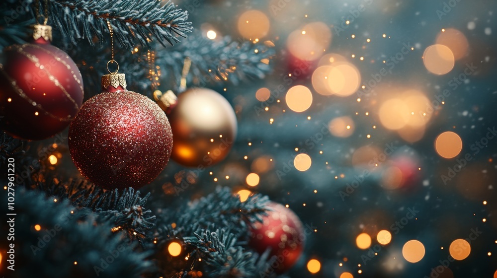 Christmas tree with red baubles, fir cones and lights bokeh background. Space for text. Copy space. Greeting card. Christmas tree with red baubles, fir cones and lights bokeh background. Space for text. Copy space. Greeting card.