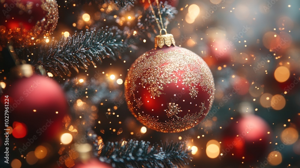 Christmas tree with red baubles, fir cones and lights bokeh background. Space for text. Copy space. Greeting card. Christmas tree with red baubles, fir cones and lights bokeh background. Space for text. Copy space. Greeting card.