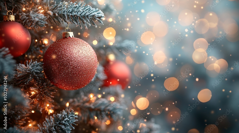 Christmas tree with red baubles, fir cones and lights bokeh background. Space for text. Copy space. Greeting card. Christmas tree with red baubles, fir cones and lights bokeh background. Space for text. Copy space. Greeting card.