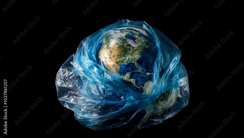 Visual Metaphor of Earth Wrapped in a Plastic Bag, Highlighting the Global Environmental Crisis and Pollution Impacting Air and Water Systems Against a Blue Gradient Background. Visual Metaphor of Earth Wrapped in a Plastic Bag, Highlighting the Global Environmental Crisis and Pollution Impacting Air and Water Systems Against a Blue Gradient Background.