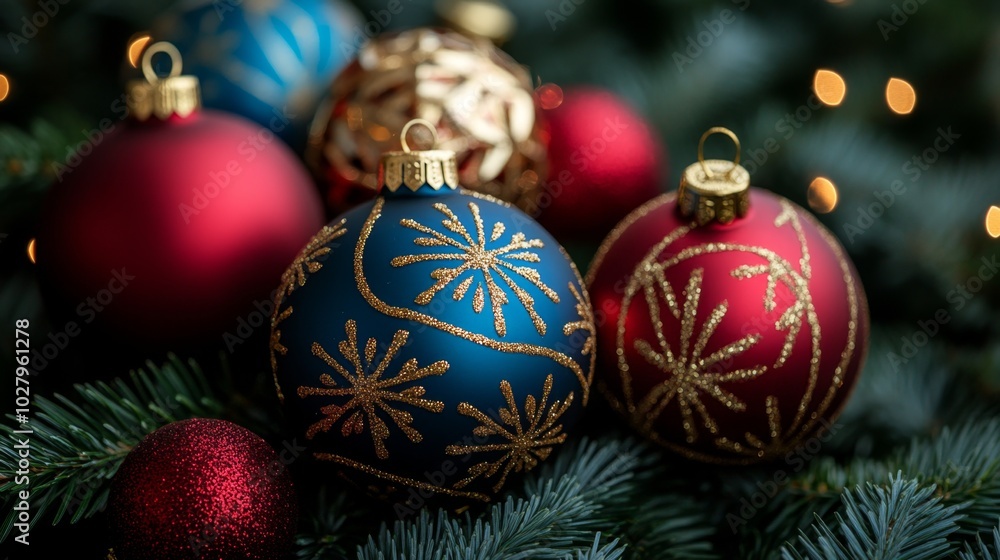 Christmas tree with red baubles, fir cones and lights bokeh background. Space for text. Copy space. Greeting card. Christmas tree with red baubles, fir cones and lights bokeh background. Space for text. Copy space. Greeting card.