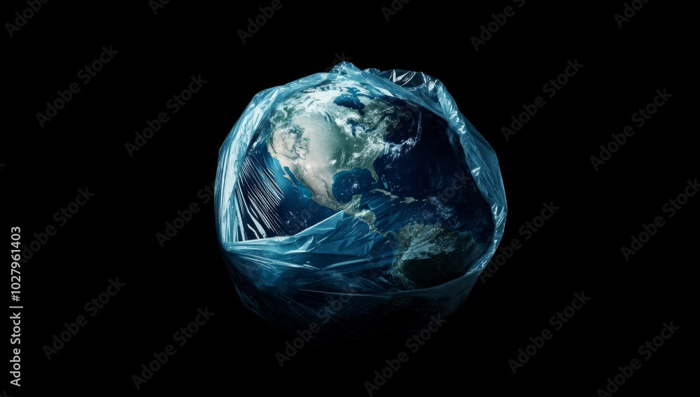 Visual Metaphor of Earth Wrapped in a Plastic Bag, Highlighting the Global Environmental Crisis and Pollution Impacting Air and Water Systems Against a Blue Gradient Background. Visual Metaphor of Earth Wrapped in a Plastic Bag, Highlighting the Global Environmental Crisis and Pollution Impacting Air and Water Systems Against a Blue Gradient Background.