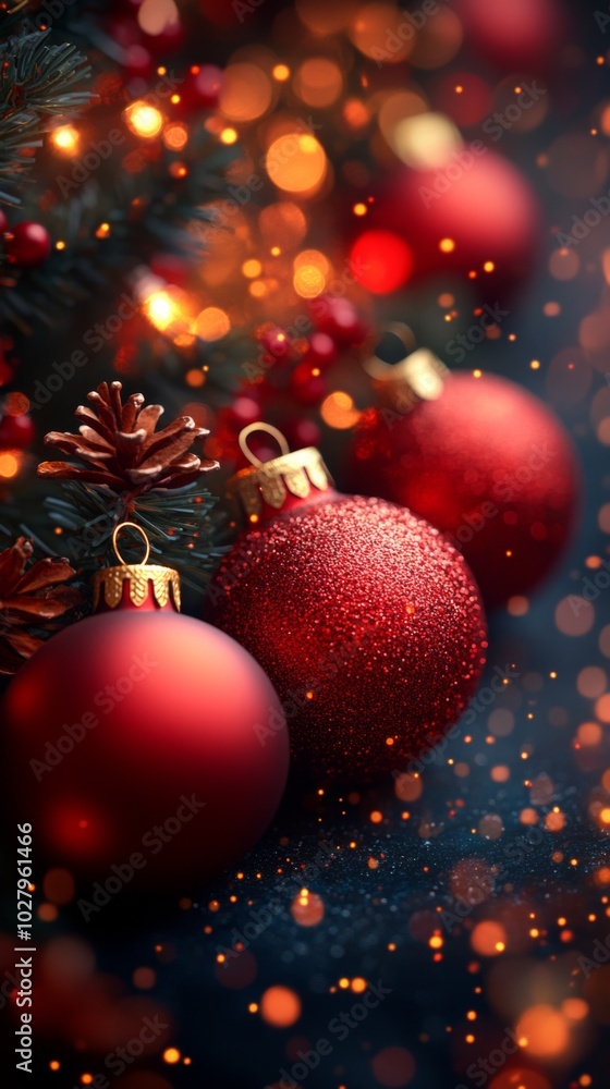 Christmas tree with red baubles, fir cones and lights bokeh background. Space for text. Copy space. Greeting card. Christmas tree with red baubles, fir cones and lights bokeh background. Space for text. Copy space. Greeting card.