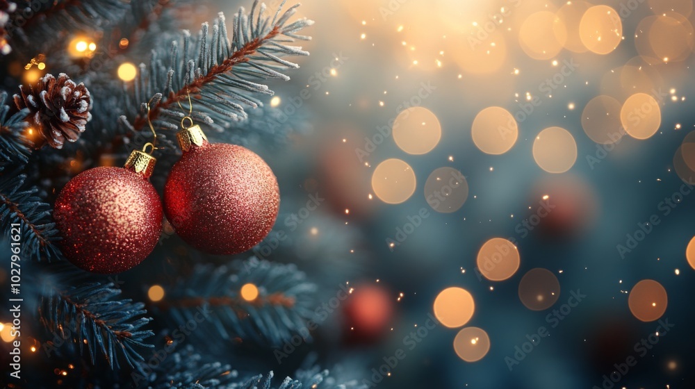 Christmas tree with red baubles, fir cones and lights bokeh background. Space for text. Copy space. Greeting card. Christmas tree with red baubles, fir cones and lights bokeh background. Space for text. Copy space. Greeting card.