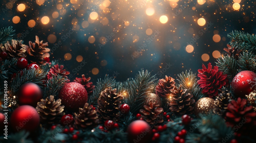 Fototapeta premium Christmas tree with red baubles, fir cones and lights bokeh background. Space for text. Copy space. Greeting card.