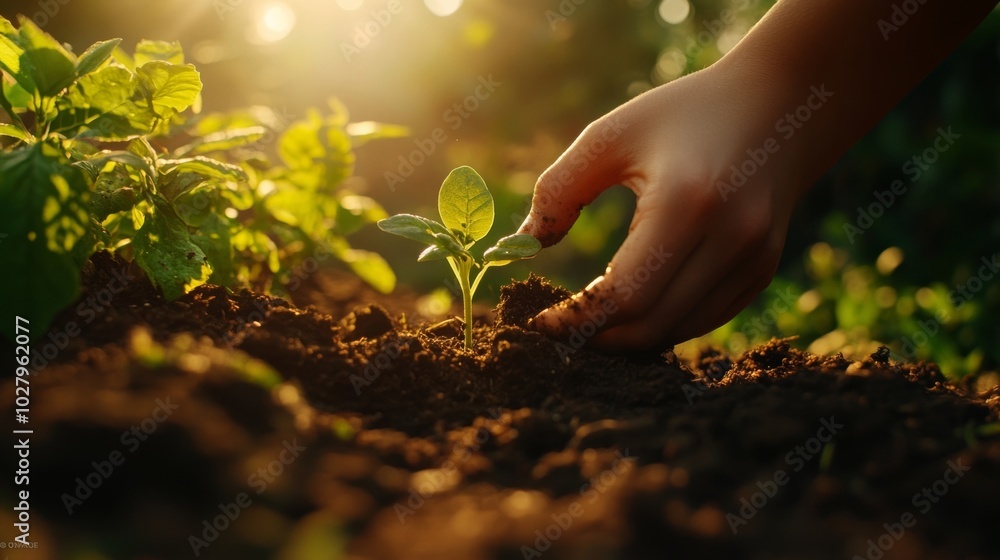 Fototapeta premium A hand carefully planting a young seedling in rich soil under bright sunlight for sustainable growth
