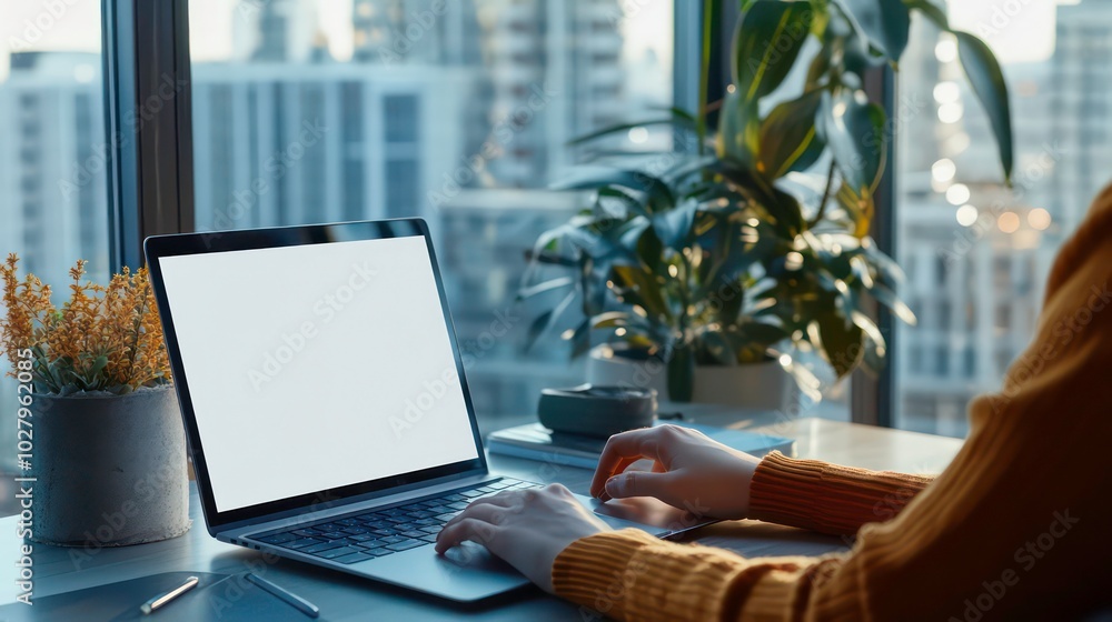 Person working on a laptop computer in a modern office with a city view out the window. Person working on a laptop computer in a modern office with a city view out the window.