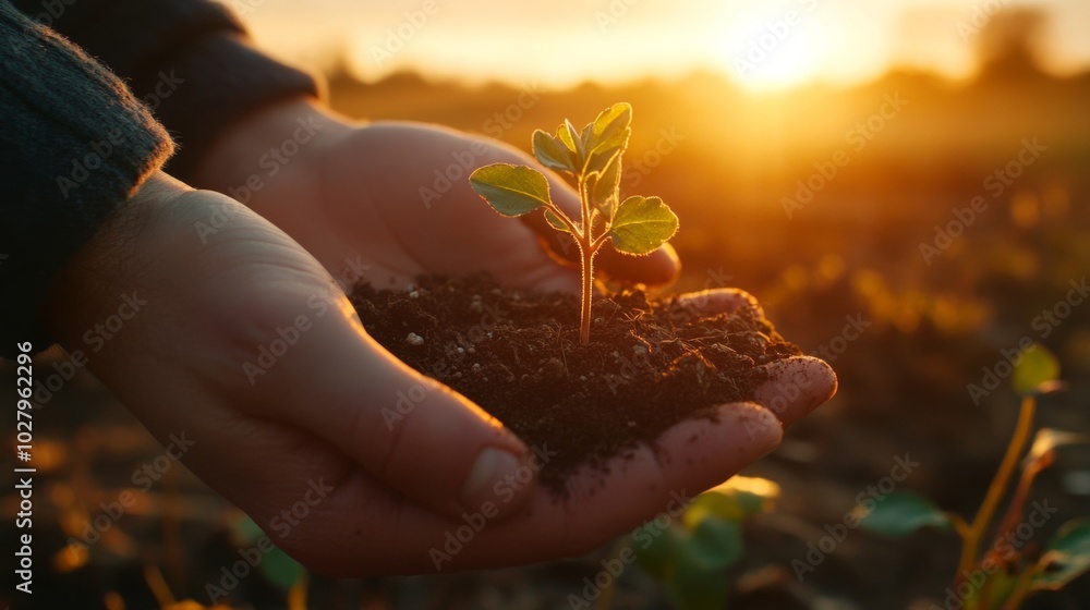 Fototapeta premium Hands Holding a Growing Plant in Soil Under a Beautiful Sunset