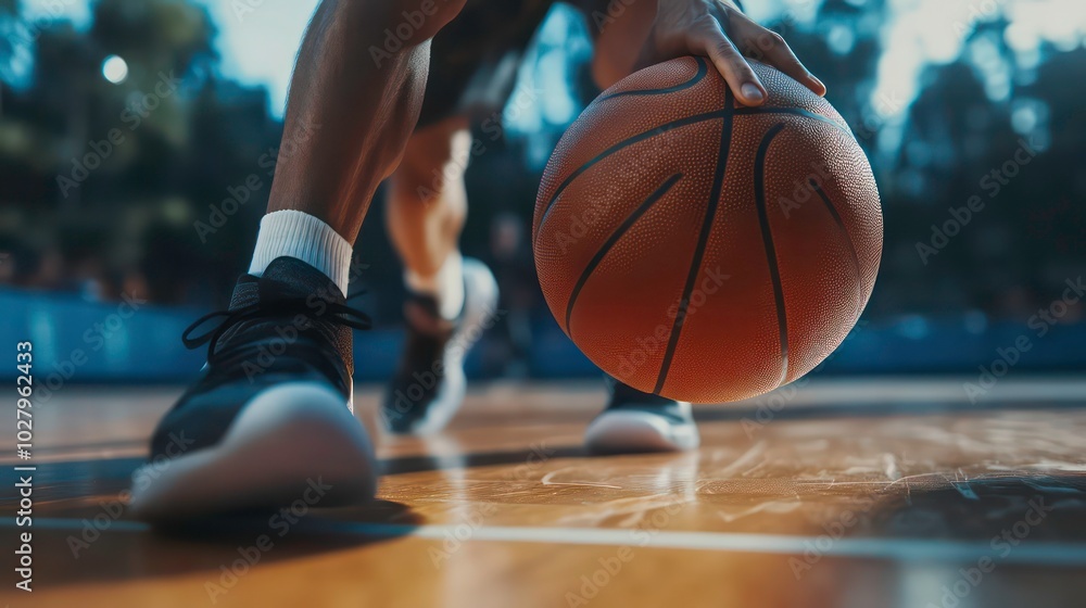 Close-up of a basketball player's legs and feet as they dribble the ball on a basketball court.