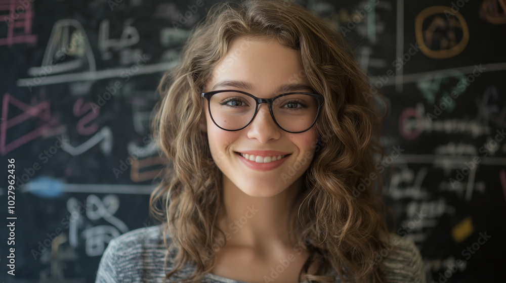 Smiling young woman in glasses standing in front of a colorful chalkboard with mathematical drawings. Concept of education, creativity, and joyful learning. Smiling young woman in glasses standing in front of a colorful chalkboard with mathematical drawings. Concept of education, creativity, and joyful learning.
