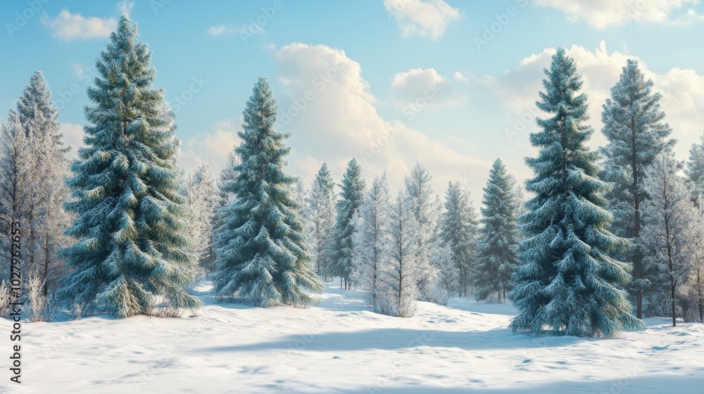 Enchanting Winter Landscape with Snow-Covered Pine Trees in Soft Pastel Colors Enchanting Winter Landscape with Snow-Covered Pine Trees in Soft Pastel Colors