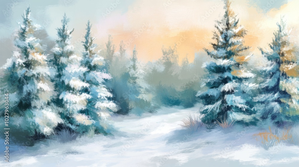 Fototapeta premium Enchanting Winter Landscape with Snow-Covered Pine Trees in Soft Pastel Colors