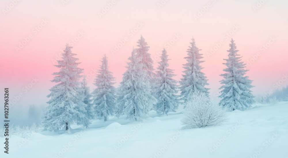 Naklejka premium Enchanting Winter Landscape with Snow-Covered Pine Trees in Soft Pastel Colors