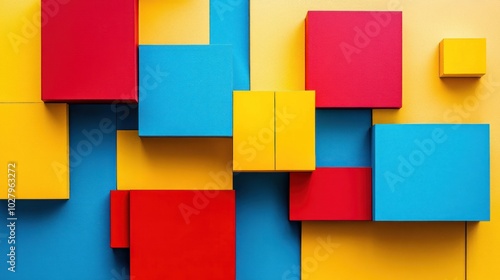 Abstract Colorful Geometric Shapes: A Playful Arrangement of Red, Yellow and Blue Squares and Rectangles.