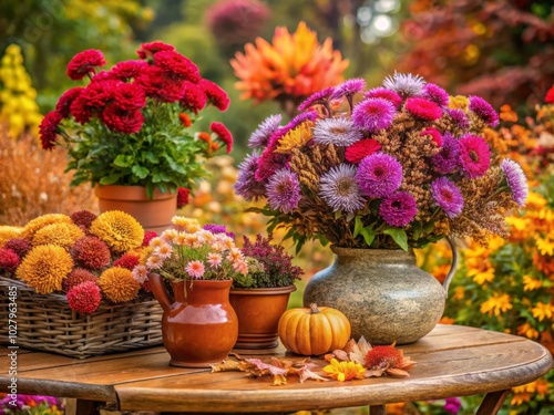 Autumn Asters and Heathers on a Garden Table - Captivating Floral Arrangement with Rich Colors, Nature’s Beauty, Seasonal Decor, Garden Inspiration, Outdoor Living, Fall Vibes