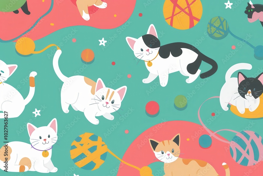 Charming cats are happily engaging with assorted toys, balls, and yarn in a vibrant, playful environment filled with color. Generative AI Charming cats are happily engaging with assorted toys, balls, and yarn in a vibrant, playful environment filled with color. Generative AI