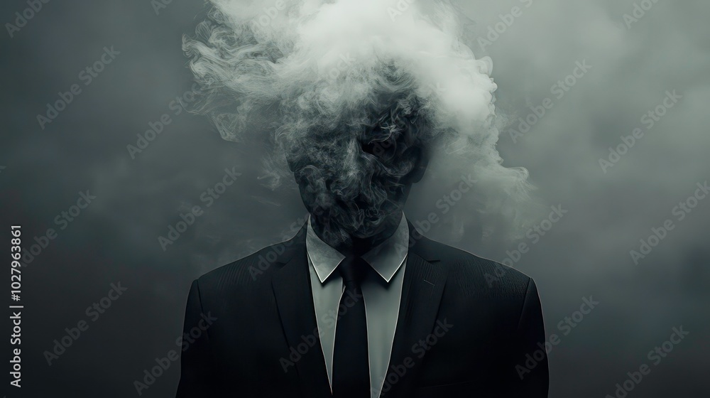 A man in a suit with a face obscured by smoke, creating an eerie and mysterious effect. A man in a suit with a face obscured by smoke, creating an eerie and mysterious effect.