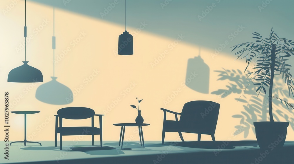 Silhouettes of various furniture pieces create a calming atmosphere against a light gradient backdrop, enhancing the elegant space. Generative AI Silhouettes of various furniture pieces create a calming atmosphere against a light gradient backdrop, enhancing the elegant space. Generative AI