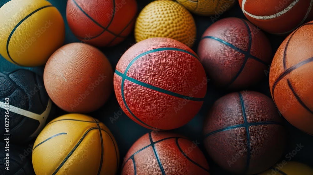 A close-up view of a collection of basketballs in various colors and textures, arranged in a casual cluster. A close-up view of a collection of basketballs in various colors and textures, arranged in a casual cluster.