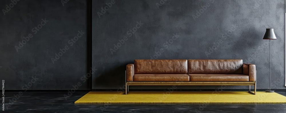 Extended view of a modern room with a dark gray wall, industrial sofa, yellow carpet, and black concrete floor in minimalist decor Extended view of a modern room with a dark gray wall, industrial sofa, yellow carpet, and black concrete floor in minimalist decor