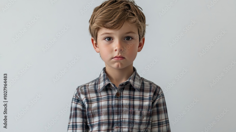 Sensitive and expressive young boy, wearing a plaid shirt, against a plain white backdrop, conveying emotions. Sensitive and expressive young boy, wearing a plaid shirt, against a plain white backdrop, conveying emotions.