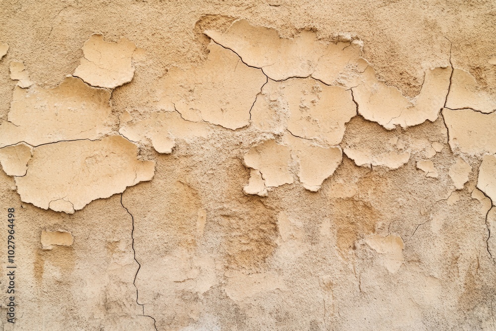 The surface shows extensive cracking and peeling plaster, displaying various shades of brown and beige, suggesting age and weathering The surface shows extensive cracking and peeling plaster, displaying various shades of brown and beige, suggesting age and weathering