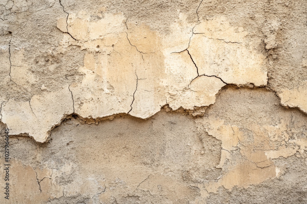 Fototapeta premium A textured wall displays extensive cracks and peeling surfaces, highlighting the effects of time and weathering over the years