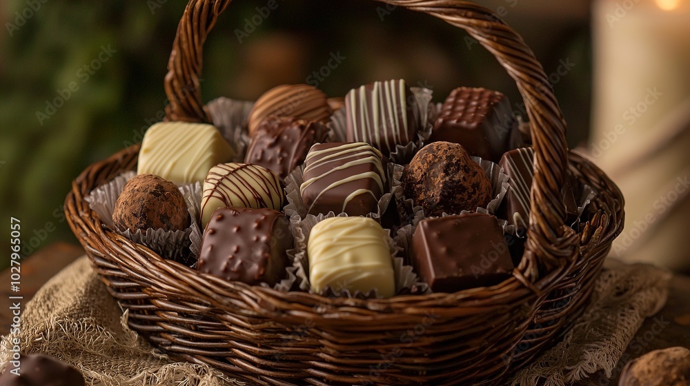 A wicker basket filled with assorted chocolates sits on a table next to two lit candles A wicker basket filled with assorted chocolates sits on a table next to two lit candles