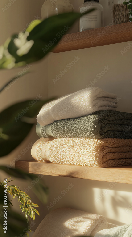 plush terry towels in various colors, neatly folded on a shelf in a cozy, elegant bathroom plush terry towels in various colors, neatly folded on a shelf in a cozy, elegant bathroom