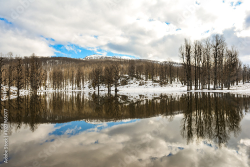 Snow lake, Beautiful reflection of snow, mountain, forest, blue sky and clouds on a lake in winter, Panoramic landscape of snow and lake in the mountains of North Africa Jijel Algeria, Snow mountains.