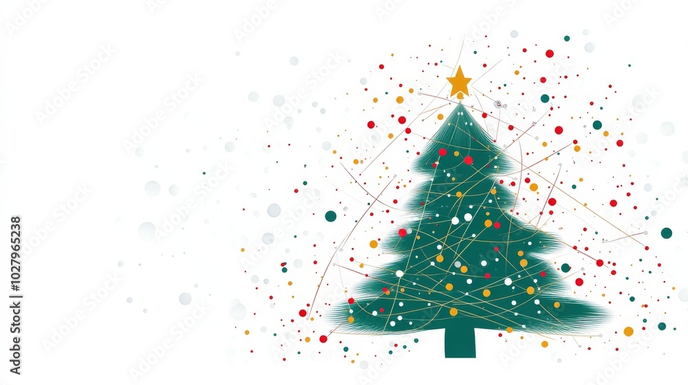 Stylish Christmas Tree with Green Branches and Colorful Dots in Red, Yellow, and White, Connected by Lines on a White Background for a Modern Holiday Feel. Stylish Christmas Tree with Green Branches and Colorful Dots in Red, Yellow, and White, Connected by Lines on a White Background for a Modern Holiday Feel.