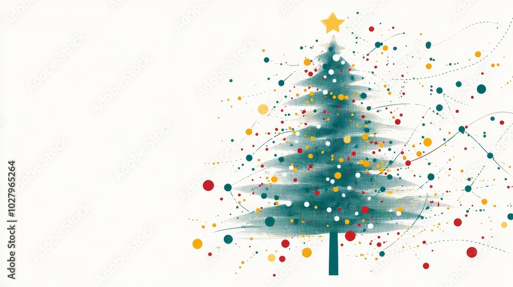 Stylish Christmas Tree with Green Branches and Colorful Dots in Red, Yellow, and White, Connected by Lines on a White Background for a Modern Holiday Feel. Stylish Christmas Tree with Green Branches and Colorful Dots in Red, Yellow, and White, Connected by Lines on a White Background for a Modern Holiday Feel.