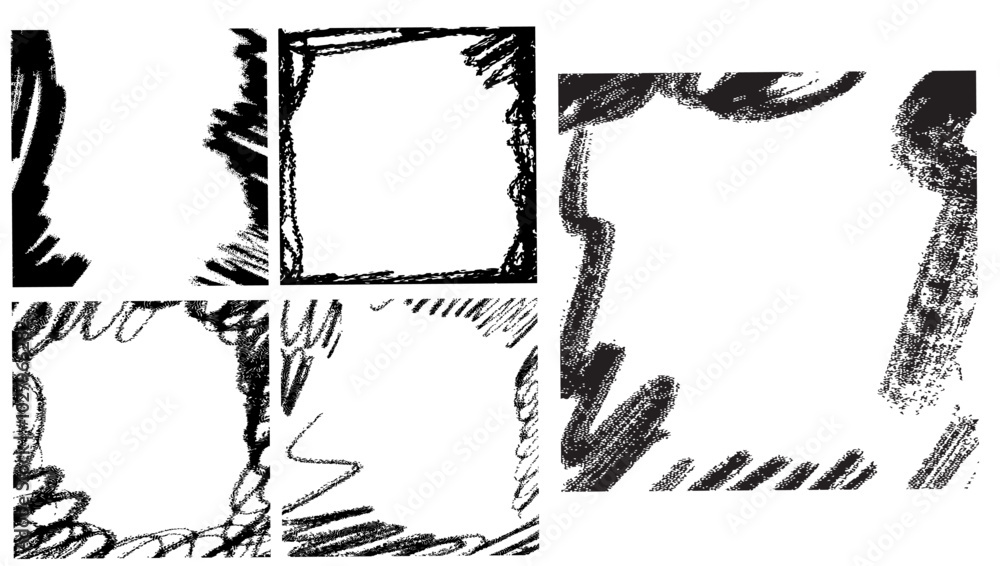 Grunge Ink Crayon Texture Frame set brush strokes or childish doodle waves halftone sand particles border Grunge Ink Crayon Texture Frame set brush strokes or childish doodle waves halftone sand particles border