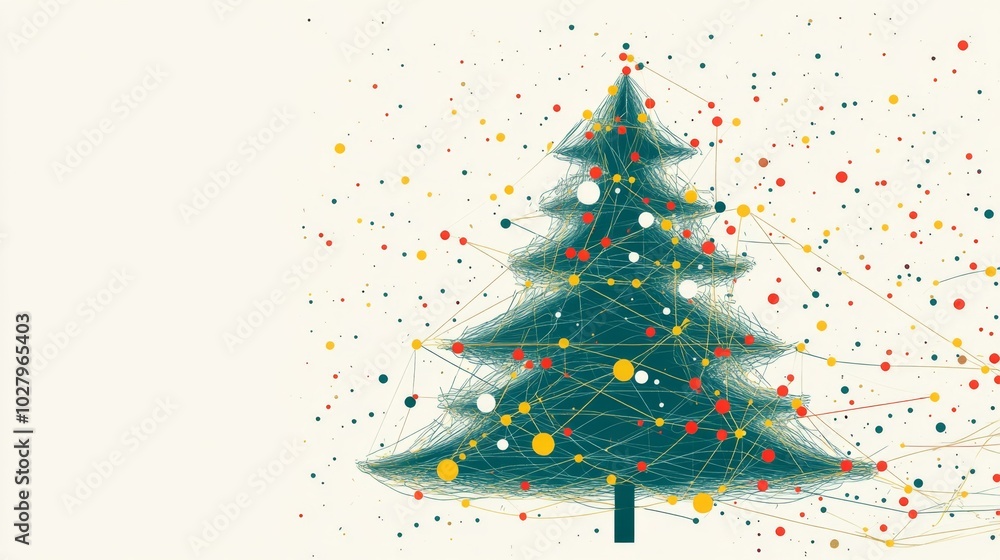 Stylish Christmas Tree with Green Branches and Colorful Dots in Red, Yellow, and White, Connected by Lines on a White Background for a Modern Holiday Feel. Stylish Christmas Tree with Green Branches and Colorful Dots in Red, Yellow, and White, Connected by Lines on a White Background for a Modern Holiday Feel.