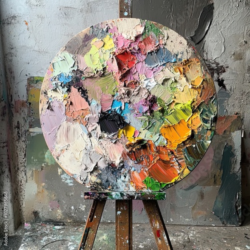 Vibrant circular palette displaying a colorful array of oil paint on an easel in a bright artist studio setting during daylight hours photo