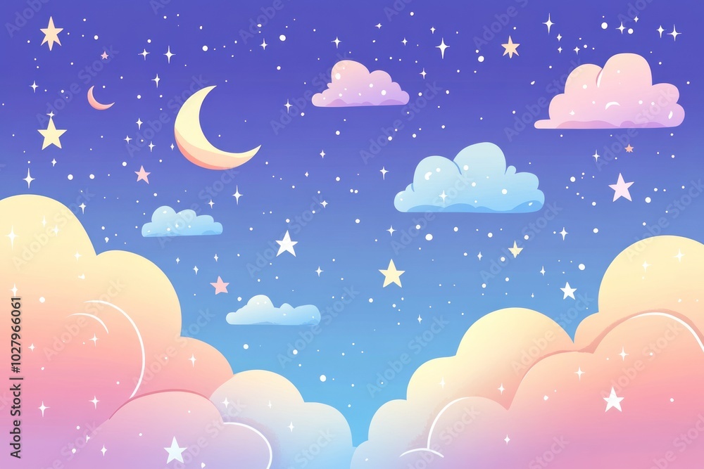 Dreamy Night Sky with Fluffy Clouds and Twinkling Stars - A Magical and Serene Illustration. Dreamy Night Sky with Fluffy Clouds and Twinkling Stars - A Magical and Serene Illustration.