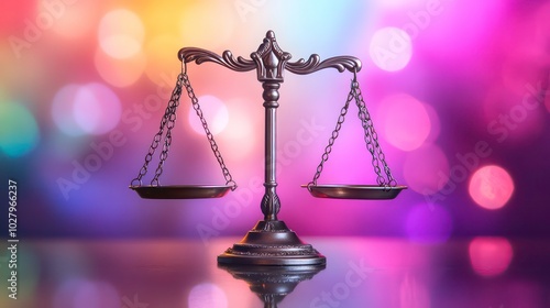 A silver scale of justice on a blurred background of colorful lights. photo