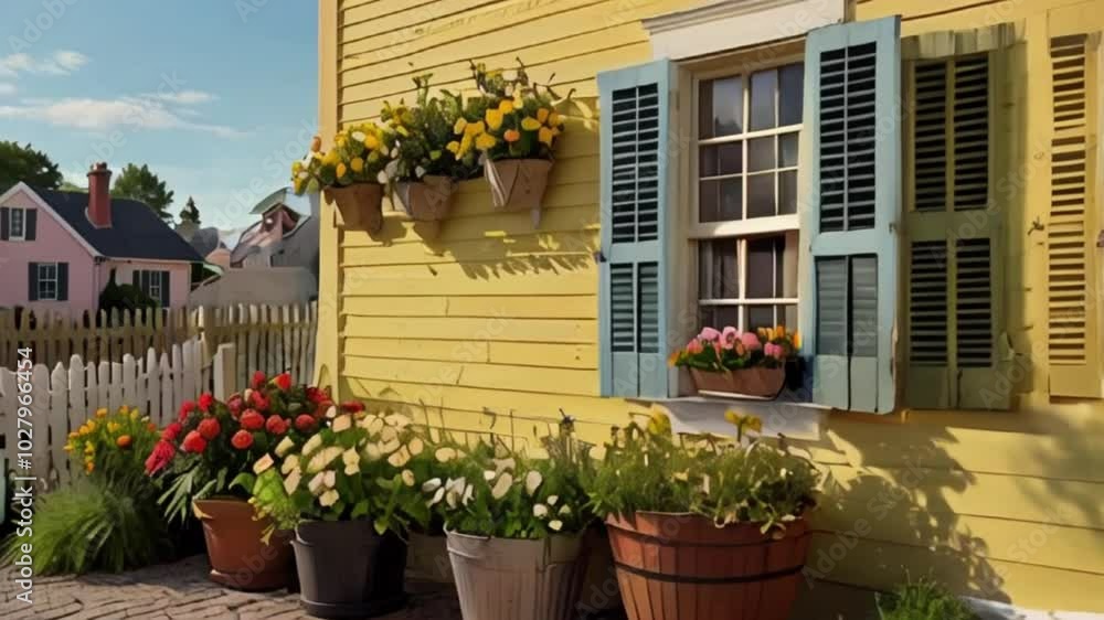 Pastel yellow clapboard wall with charming shutters and decorative flower boxes. Pastel yellow clapboard wall with charming shutters and decorative flower boxes.
