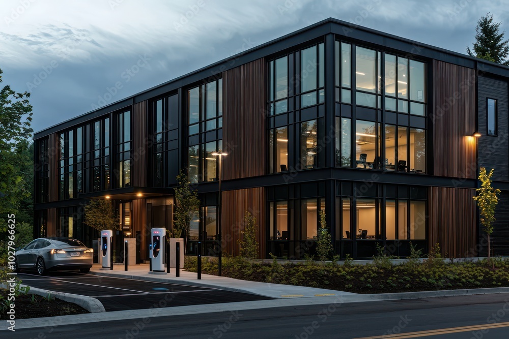 Front view of a modern office building with dark wood and black metal exteriors, large windows, and adjacent electric car charging station, in format Front view of a modern office building with dark wood and black metal exteriors, large windows, and adjacent electric car charging station, in format