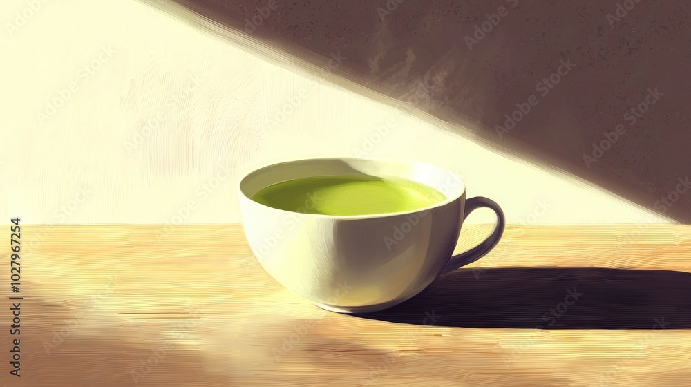 A green tea sits atop a wooden table, with a shadowy human head nearby A green tea sits atop a wooden table, with a shadowy human head nearby