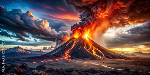 Massive Lava Eruption from Volcano, Nature's Raw Power, Natural Disasters, Volcanic Activity, Erupting Lava, Geological Phenomena photo